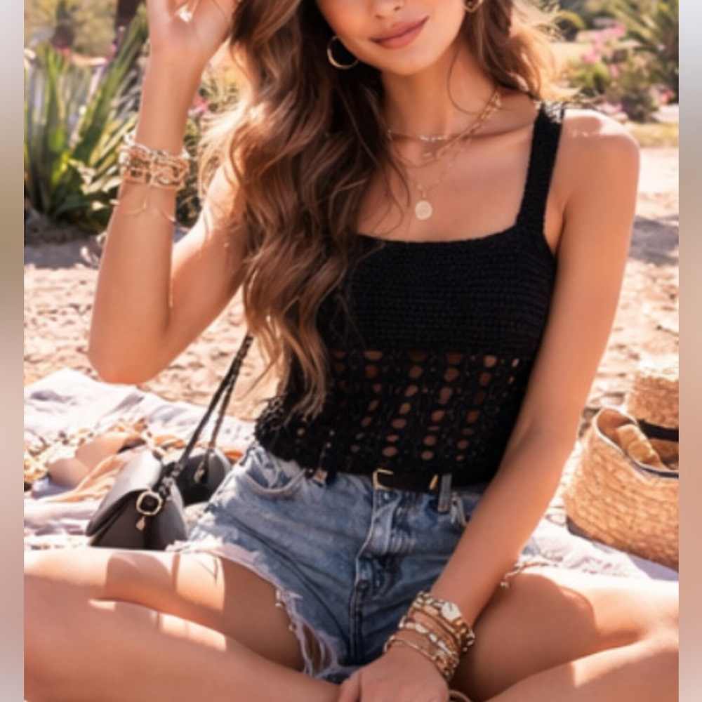🌺 Rebellion‎ Black Crochet Knit Boho Tank Top Festival Summer Size M NWT